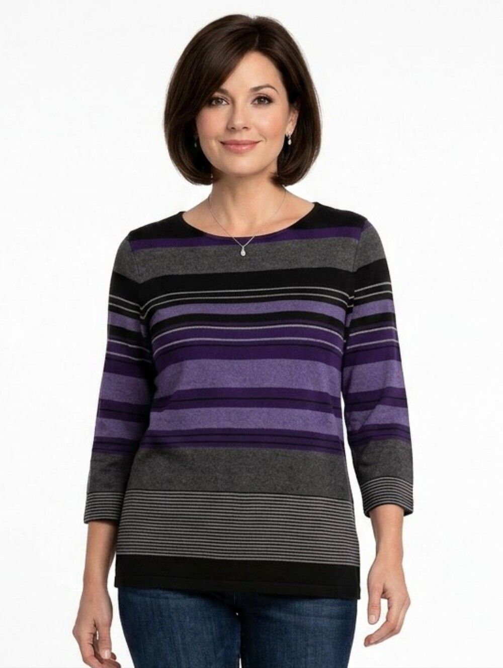 Christopher & Banks Purple and Black 3/4 Sleeve Striped Top Size XL